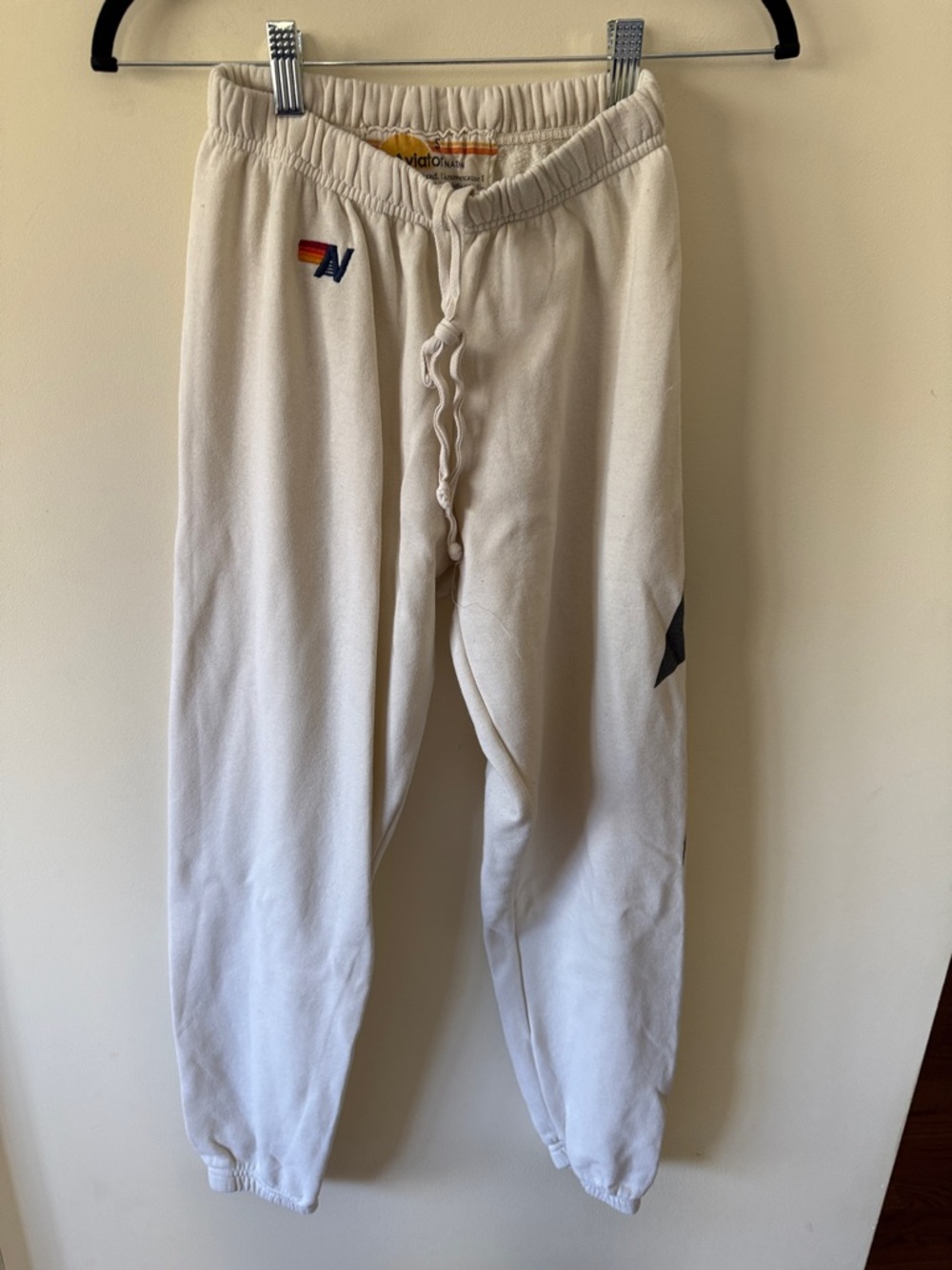 Aviator Nation Cream Bolt Joggers with Small Rainbow 'A' Accent